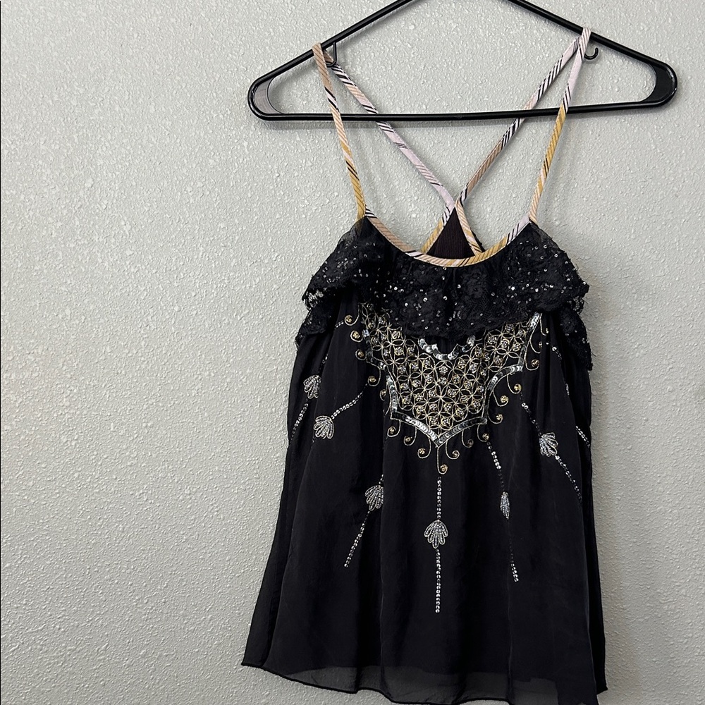 Free People Jeweled Sequined Tank Top Size 4 Black and Gold Racerback